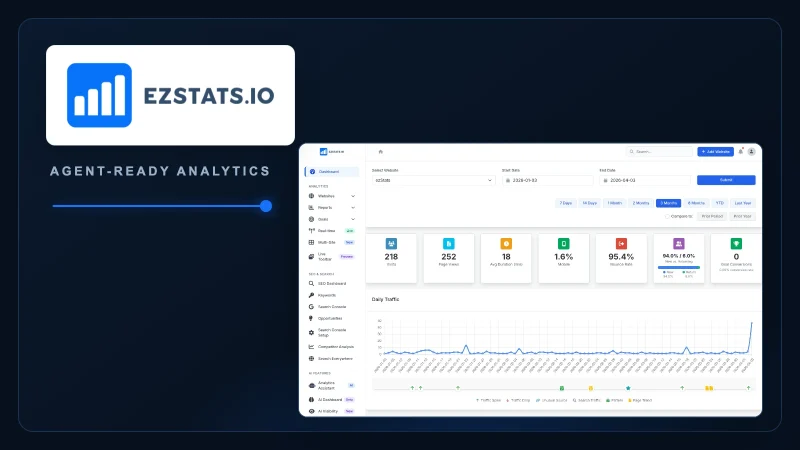 ezStats logo beside the real analytics dashboard in a restrained dark-blue editorial layout